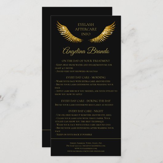 ラッシュアフターケア情報金ゴールドグリッターウィングスブラック サンキューカード (正面/裏面)