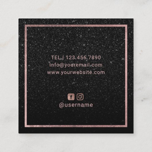 ラッシュアンドブロウズメイクアップアーティストブラックグリッターサロン スクエア名刺 (裏面)