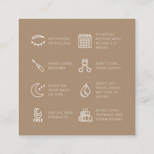 ラッシュエクステンションアフターケア社会媒体ニュートラルベージュ スクエア名刺 (裏面)