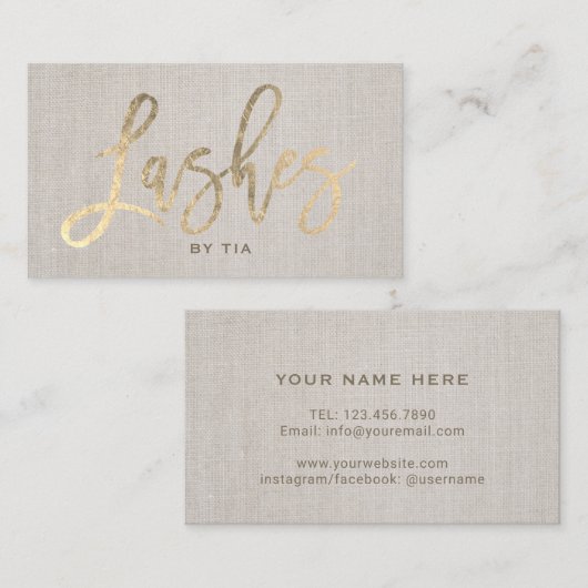 ラッシュズまつげ化粧アーティスト金ゴールドタイポグラフィリネン 名刺 (正面/裏面)