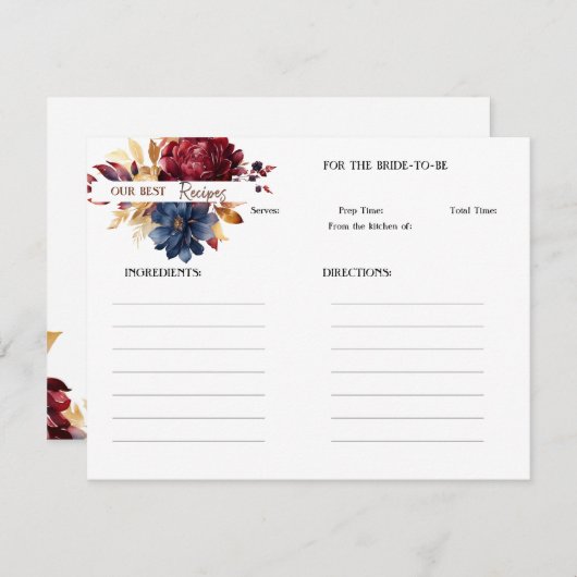 ラッシュネイビーワインフローラブライダルシャワーレシピ ノートカード (正面/裏面)