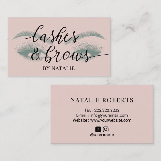 ラッシュブラウズ化粧アーティスト赤面ピンクタイポグラフィ 名刺 (正面/裏面)
