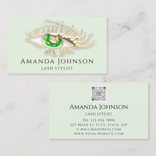 ラッシュブロウメイクアップロゴグリーンアイQrコード金ゴールド 名刺 (正面/裏面)