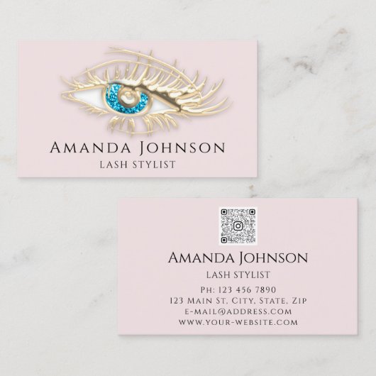 ラッシュブロウメイクアップロゴブルーアイズQrCodeピンク金ゴールド 名刺 (正面/裏面)
