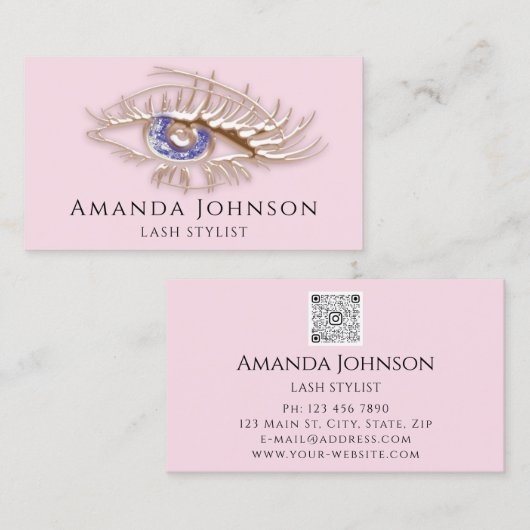 ラッシュブローズメイクアップロゴブルーアイQrコードバラ金ゴールド 名刺 (正面/裏面)