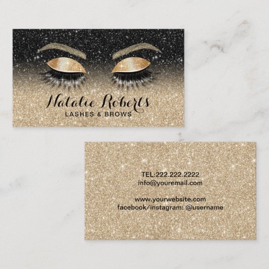 ラッシュブローズ美しいサロンブラック&金ゴールドグリッター 名刺 (正面/裏面)
