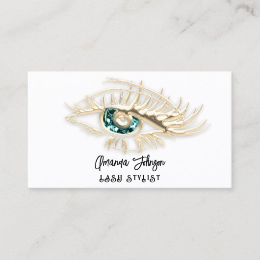 ラッシュブローメイクアップロゴホワイトグリーンアイQrCode金ゴールド 名刺 (正面)