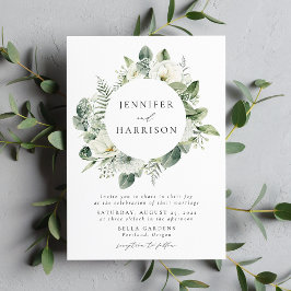 ラッシュホワイトフラワーとグリーンリースの結婚式 招待状