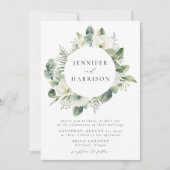 ラッシュホワイトフラワーとグリーンリースの結婚式 招待状 (正面)