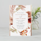 ラッシュボヘミアンフローラ結婚フレームのバラ金ゴールド 箔招待状 (立ち正面)