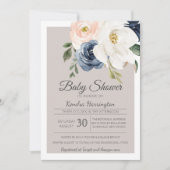 ラッシュマグノリアバラグレーネイビー&赤面ベイビーシャワー 招待状 (正面)