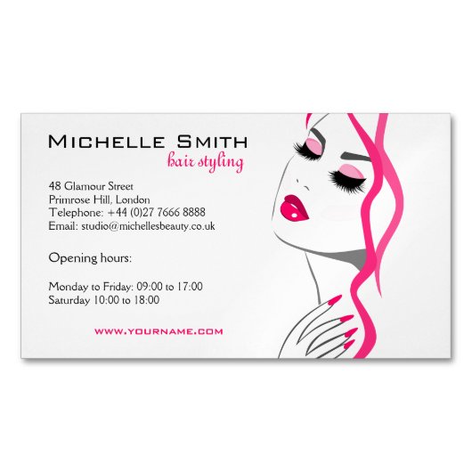 ラッシュマニキュアヘアピンクガール美しいブランディング マグネット名刺 (正面)
