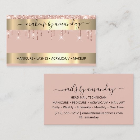 ラッシュメイクアップ爪、 ネイルスタイリストロゴグリッターバラ金ゴールド 名刺 (正面/裏面)