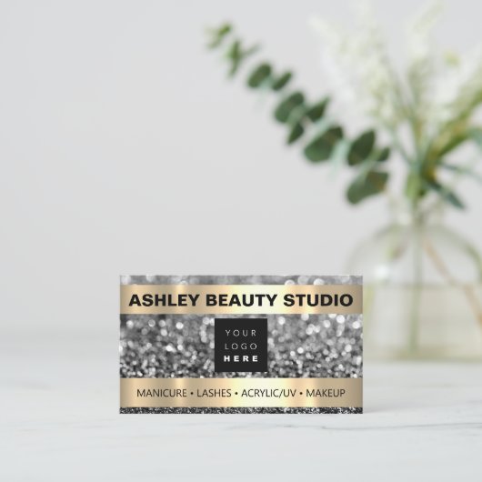 ラッシュメイクアップ爪、 ネイルスタイリストロゴグレーシルバーグリッター 名刺 (スタンド正面)