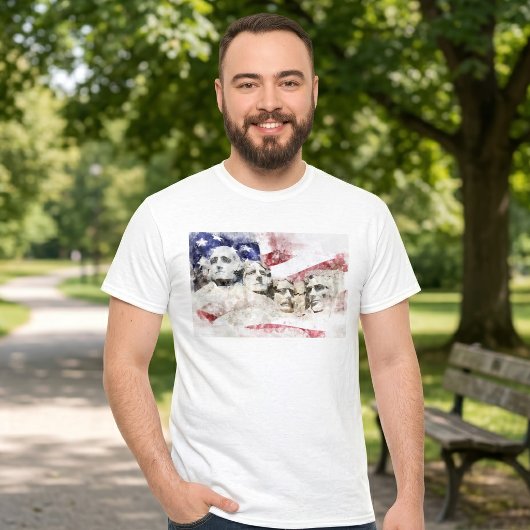 ラッシュモア山の水彩画とアメリカ国旗 Tシャツ