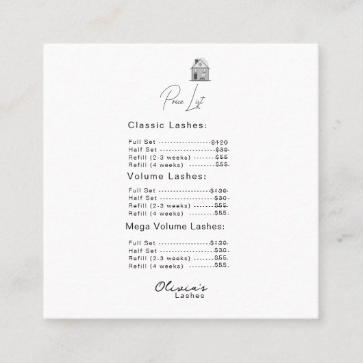 ラッシュラウンジシンプルのホワイトプライスリスト スクエア名刺 (正面)
