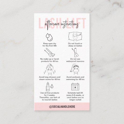 ラッシュリフトアフターケア指示赤面ピンクサロン 名刺 (正面)