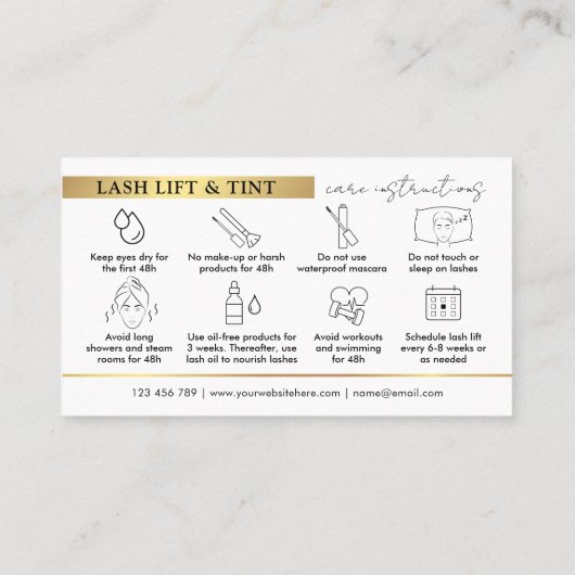 ラッシュリフト&ティントアフターケアガイドグラムホワイト&金ゴールド 名刺 (裏面)