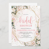 ラッシュ赤面ピンクフローラ金ゴールドフレームブライダルシャワー 招待状 (正面/裏面)