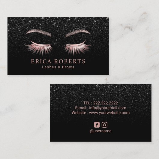 ラッシュ&ブローズ化粧アーティストブラックグリッターサロン 名刺 (正面/裏面)