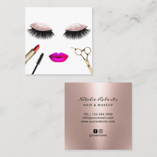 ラッシュ&リップヘアサロンメイクアーティストバラ金ゴールド スクエア名刺 (正面/裏面)