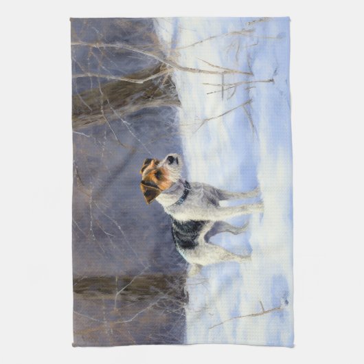 ラッセル・テリアが雪のクリスマスを過ごした キッチンタオル (縦)