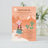 ラッソとサボテンとカウガールがテーマの子供の誕生日パーティー サンキューカード (スタンド正面)