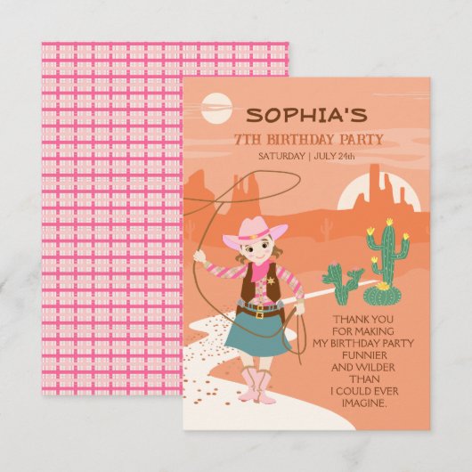 ラッソとサボテンとカウガールがテーマの子供の誕生日パーティー サンキューカード (正面/裏面)