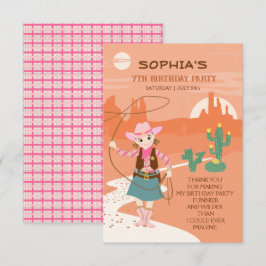 ラッソとサボテンとカウガールがテーマの子供の誕生日パーティー サンキューカード