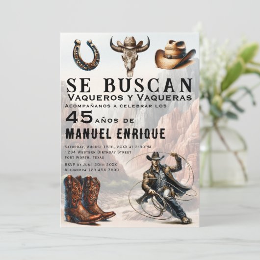 ラッソバケロスペインのウェスタンカウボーイ45誕生日 招待状 (スタンド正面)
