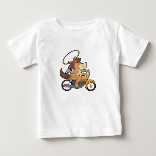 ラッソーとオートバイを操るカウボーイの馬 ベビーTシャツ (正面)