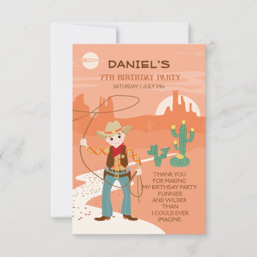 ラッソーとサボテンのあるカウボーイの子供の誕生日パーティー サンキューカード (正面)