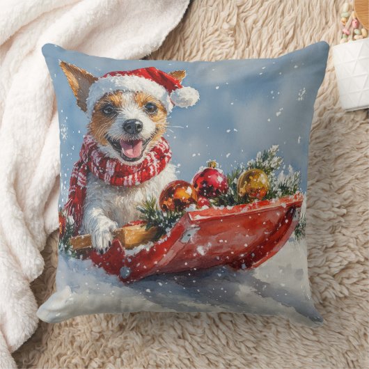 ラットテリアの犬が乗ったそりで雪を降らせて クリスマス クッション (ブランケット)