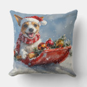 ラットテリアの犬が乗ったそりで雪を降らせて クリスマス クッション (正面)