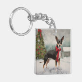 ラットテリアの犬とクリスマスの雪 キーホルダー (正面左)