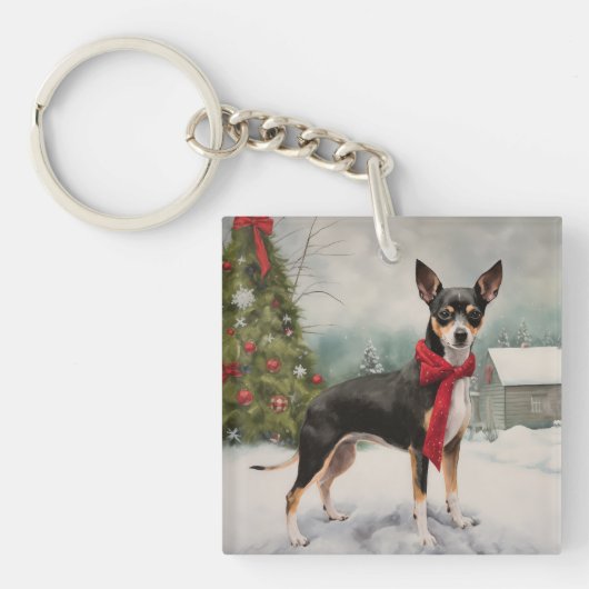 ラットテリアの犬とクリスマスの雪 キーホルダー (正面)