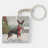 ラットテリアの犬とクリスマスの雪 キーホルダー (裏面)