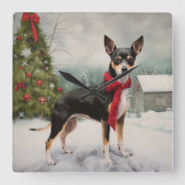 ラットテリアの犬と雪のクリスマス スクエア壁時計 (正面)
