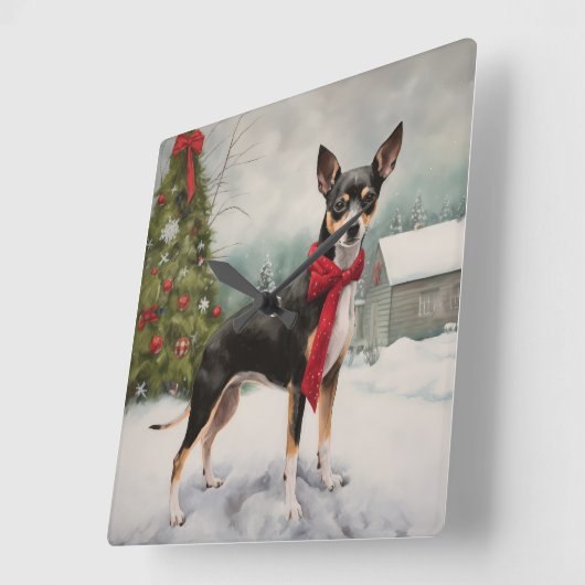ラットテリアの犬と雪のクリスマス スクエア壁時計 (傾斜)