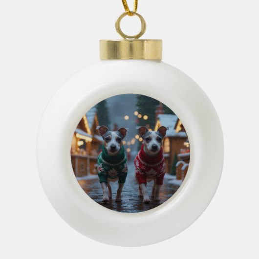 ラットテリアの犬のクリスマス雪の休日 セラミックボールオーナメント (正面)