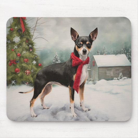 ラットテリアの犬のクリスマス雪景色 マウスパッド (正面)