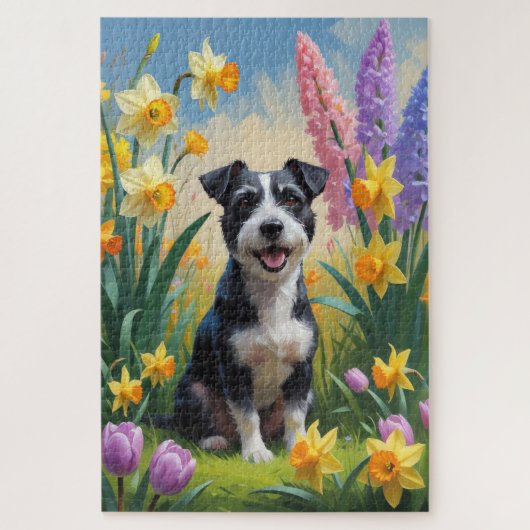 ラットテリアの犬の春の花の絵画 ジグソーパズル (縦)