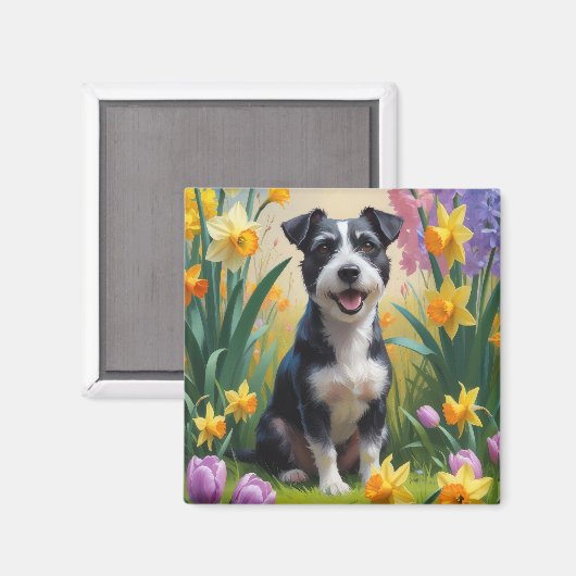 ラットテリアの犬の春の花の絵画 マグネット (正面/裏面)