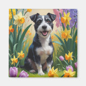 ラットテリアの犬の春の花の絵画 マグネット (正面)