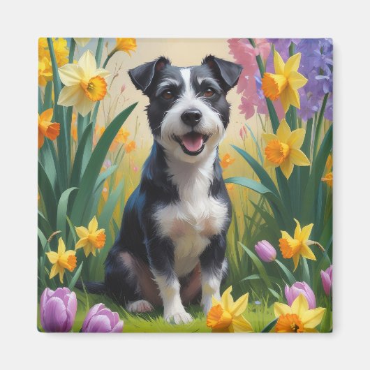 ラットテリアの犬の春の花の絵画 マグネット (正面)
