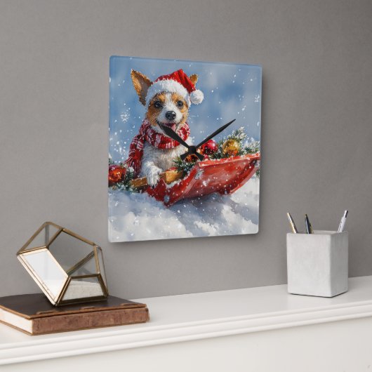 ラットテリア犬のそりクリスマスデザイン 雪を降らせて スクエア壁時計 (オフィス)