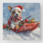 ラットテリア犬のそりクリスマスデザイン 雪を降らせて スクエア壁時計 (正面)