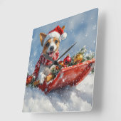 ラットテリア犬のそりクリスマスデザイン 雪を降らせて スクエア壁時計 (傾斜)