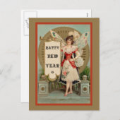 ラッパとバナーを添えた新年のお祝い シーズンポストカード (正面/裏面)