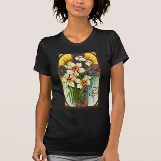 ラッパスイセンおよび十字のヴィンテージイースター Tシャツ (正面)